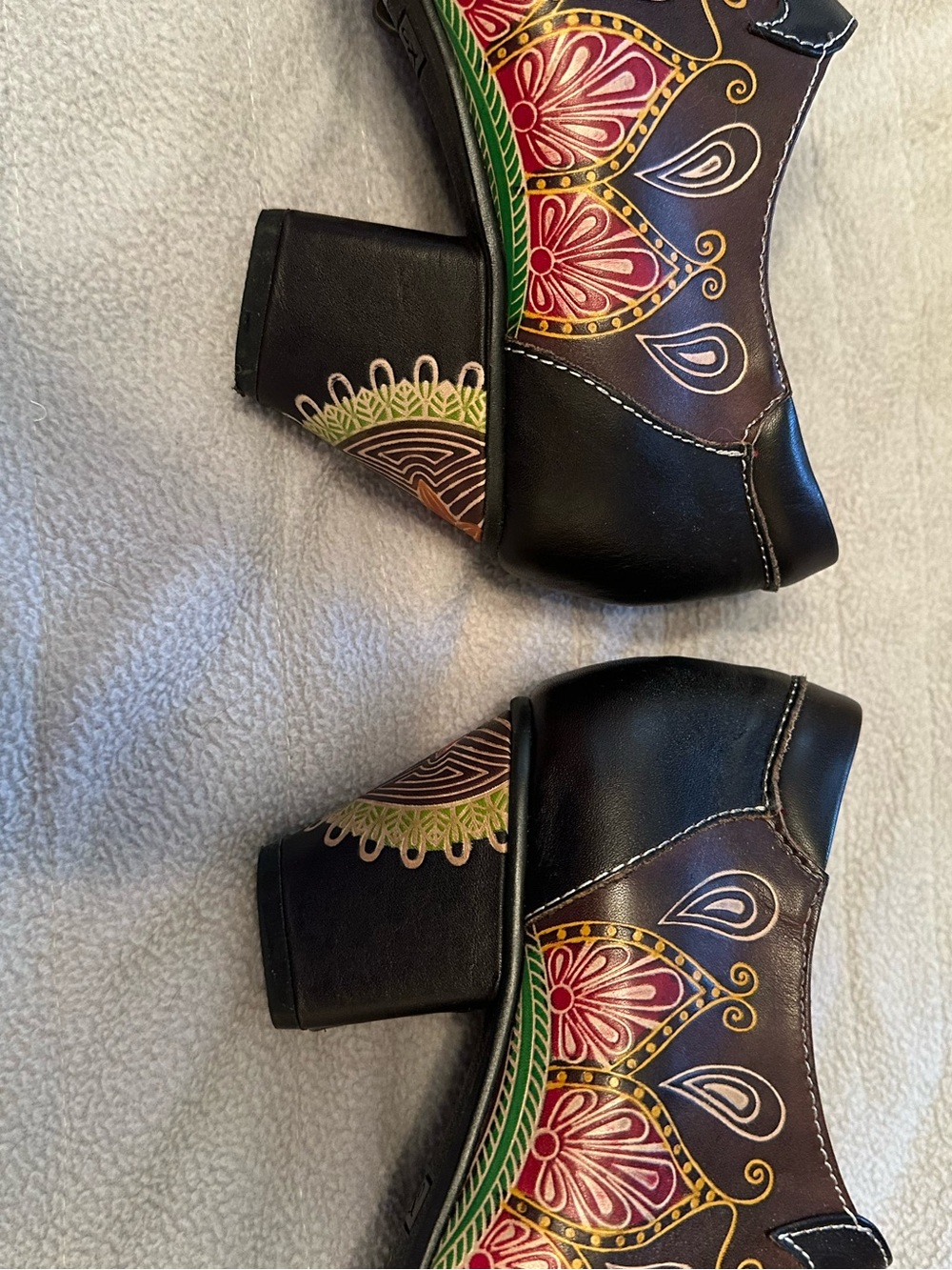Spring Step Black Leather Heels with Multicolor Floral Design